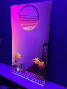 This is a MUST HAVE to add to your Vaporwave/80's Decor The Vaporwave design on the mirror will glow in BLACKLIGHT as well! The mirror is Laser Engraved/Cut from 3 mm SILVER Mirrored Acrylic and Hand Painted with Fluorescent Neon Paints. It takes over 2 hours to engrave the details on this mirror. The size is 18" tall x 10" wide and has curved corners. Backed with EVA foam. Mount the mirror with INCLUDED (4) Command Strips for a clean look or lean on a shelf/desk (as shown in the photos). --==Please note each mirror may have slight differences due to being hand painted==-- Vaporwave Aesthetic Bedroom, Vaporwave Room Decor, Vaporwave Bedroom, Neon Furniture, Chaotic Room, Vaporwave Design, Vaporwave Room, 80s Decor, Purple Foil