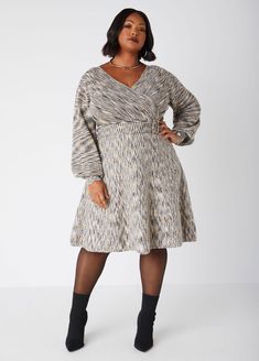 Plus Size melange knee wrap dress plus size faux wrap knit dress Plus Size Wrap Dress With High Boots, Long Sleeve Wrap Dress Plus Size, Womens Plus Size Sweater Dresses, Belted Sweater Dress Plus Size, Wrap Knit Dress, Brown Plus Size Sweater Dress, Wrap Dress Plus Size, Dresses Church, Knee Wraps