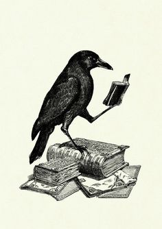 a black bird sitting on top of a pile of books next to an open book