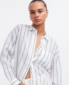 The Oversized Shirt | Madewell Hamptons Aesthetic, Assembly Label, Facebook Style, Cotton Poplin Fabric, Striped Long Sleeve Shirt, Stripe Shirt, Wide Sleeves, Poplin Fabric, Relaxed Style