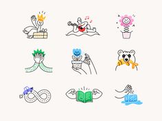 various hand drawn icons on a white background