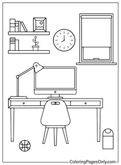 a black and white drawing of a desk with a computer