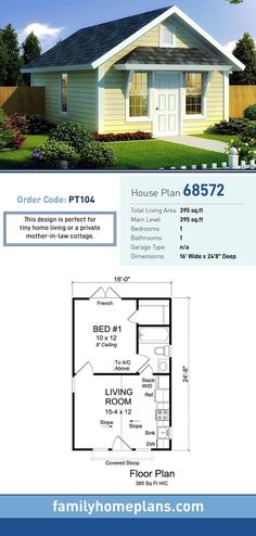 the floor plan for a small house with two bedroom and an attached garage is shown