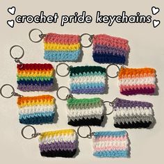 six crochet pride keychains in different colors