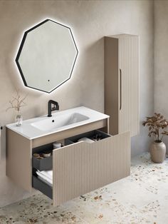 a bathroom with a sink, mirror and cabinet in it's centerpieces