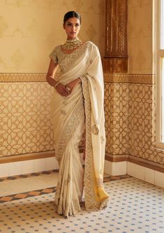 Osaa By Adarsh-Embroidered Pearl Saree With Blouse-INDIASPOPUP.COM White Hindu Wedding, Saree Couture, Saree Farewell, White And Gold Saree, Pearl Saree, Muga Silk, Desi Fits, Character Wardrobe, Wedding Couture