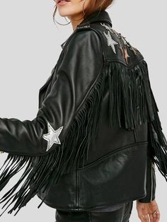 Womens Black Leather Motorcycle Jacket With Fringe Black Leather Fringe Jacket, Leather Fringe Jacket, Coachella Style, Leather Jackets Online, Black Leather Motorcycle Jacket, Biker Leather Jacket, Looks Country, Fringe Leather Jacket, Statement Jacket