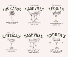 four different types of cocktails with names and numbers on the labels for each drink