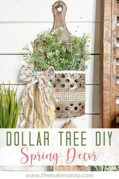 the dollar tree diy spring decor is displayed on a shelf with plants and other items