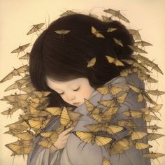 a painting of a woman surrounded by many yellow butterflies on her head and shoulders, with dark hair