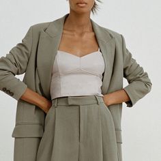 So Chic! Neutral Color Looks Great Under Blazer Or Cardigan Corset Style Very On Trend Corset Under Blazer, Spring Taupe Tops For Workwear, Chic Khaki Tops From Zara, Chic Khaki Zara Tops, Chic Taupe Tops For Spring, Cruise Fits, Purple Bodysuit, Cold Shoulder Crop Top, Leather Crop Top