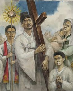 a painting of the crucifix with many people around it and one person holding a cross