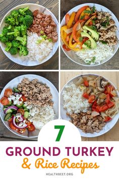 the seven different types of ground turkey and rice dishes are shown in this collage