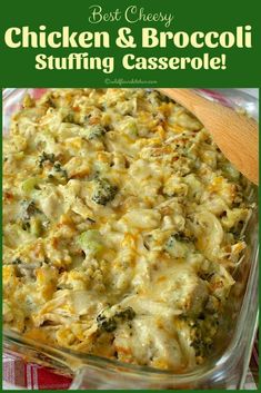 chicken and broccoli stuffing casserole in a glass dish