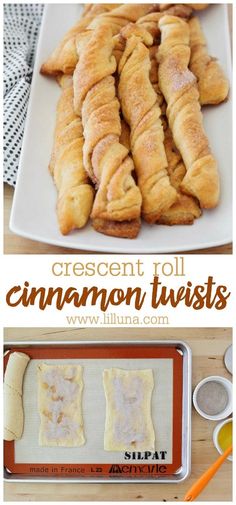 croissant roll cinnamon twists on a white plate with orange and yellow napkins