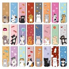 the cat bookmarks are all lined up in different colors and sizes, with cats on them