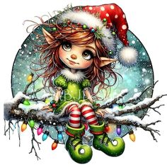 a drawing of a elf sitting on top of a tree branch with christmas decorations around her