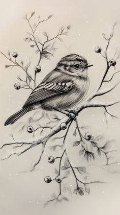 a black and white drawing of a bird sitting on a branch with berries in the background