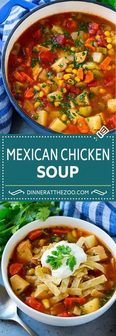 mexican chicken soup with tortilla chips and sour cream