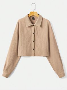 Mocha Brown Casual Collar Long Sleeve Woven Fabric Plain Shirt Embellished Non-Stretch  Women Clothing Long Sleeve Cropped Shirt With Buttons For Fall, Brown Top With Button Closure And Casual Collar, Beige Collared Tops With Buttons, Casual Beige Blouse With Collared Neckline, Long Sleeve Cotton Cropped Shirt, Solid Shirt With Buttons And Collared Neckline, Casual Long Sleeve Cropped Shirt For Fall, Cotton Cropped Shirt With Buttons For Fall, Fall Cotton Cropped Shirt With Buttons