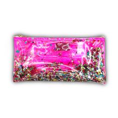 You're on your way to a concert and need a stadium-friendly clear bag, and it can't be too big, but like, it needs to be super fun, because YOU are super fun. This glitter clutch is the most fun way to store and organize all of your super fun makeup (hello, you can wipe the vinyl clean if you spill your foundation!) and makeup brushes! AND NOW IN PINK CLEAR VINYL! Toss your essentials inside of this clear vinyl confetti clutch and toss the clutch in your tote! This clutch makes the best gift for Trendy Pink Glitter Bags, Trendy Pink Rectangular Pencil Case, Trendy Rectangular Pink Pencil Case, Trendy Pink Pencil Case With Zipper Closure, Sparkle Bag, Makeup Bag Pink, Girly Birthday, Pink Makeup Bag, Rainbow Confetti