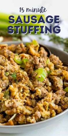 sausage stuffing in a bowl with celery on the side