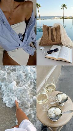 a collage of photos with wine, ice and books