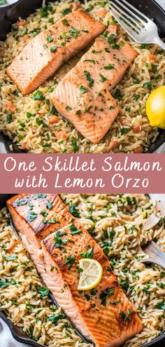 one skillet salmon with lemon orzo is an easy and delicious dinner that's ready in less than 30 minutes