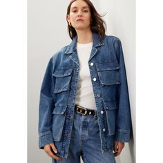 Blue denim (100% Cotton). Jacket. Long sleeves. Front button closure. 28.5" from shoulder to hemline. Imported. Lightweight Denim Jacket, Simple Tees, Rent The Runway, Jacket Long, Closet Designs, Anine Bing, Cotton Jacket, Jacket Buttons, Blue Denim