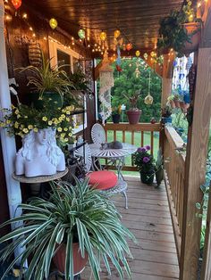 a porch covered in potted plants and hanging lights