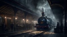 a steam engine train traveling through a train station next to people standing on the platform