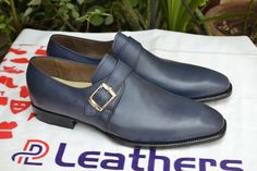 Handmade Blue Genuine Leather Single Monk Strap Dress Shoes on Storenvy Elegant Blue Slip-on Leather Shoes, Blue Slip-on Leather Shoes For Business, Blue Pointed Toe Leather Shoes For Semi-formal Occasions, Blue Leather Work Shoes, Classic Blue Monk Strap Slip-on Shoes, Classic Blue Slip-on Monk Strap Shoes, Elegant Leather Shoes With Pointed Toe For Business Meetings, Elegant Pointed Toe Leather Shoes For Business Meetings, Fitted Blue Leather Shoes For Semi-formal Occasions