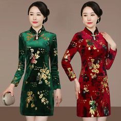 Velvet Dress Long Sleeve, Cheongsam Vintage, Traditional Cheongsam, Floral Velvet Dress, Velvet Dress Long, Long Sleeve Velvet Dress, Qipao Cheongsam, Vintage Flower Prints, Dress Long Sleeve