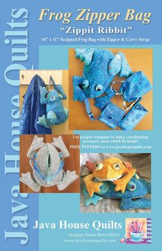 the frog zipper bag pattern is featured in this book, with instructions to make it