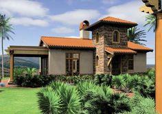 this is an artist's rendering of the front elevation of these mediterranean style home plans