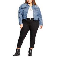 Ready to rock: City Chic's plus size cotton denim jacket is studded, distressed and perfectly cropped for cool coverage... Experience timeless elegance with our collections. Made from premium materials, they offer unparalleled comfort and style. Whether you're dressing up for a formal event or keeping it casual for eve Fall Denim Jacket, Rock City, Fall Denim, Polyester Jacket, Denim Chic, Distressed Denim Jacket, Cropped Denim Jacket, Chic Woman, Cropped Denim