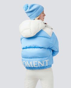 Trendy Fashion Perfect Moment 'MOMENT PUFFER' Ski Jacket Blue/White Size M' -MSRP - $700 BNWT, Women's Clothing Sporty White Outerwear With Padded Collar, White Hooded Outerwear For Ski Season, White Ski Outerwear With Detachable Hood, White Outerwear With Detachable Hood For Ski Season, White Skiing Outerwear For Winter, Women Ski Jacket, Ski Clothes, Luxury Ski, Ski Fashion