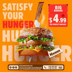 an advertisement for a burger restaurant with a huge hamburger on it's buns