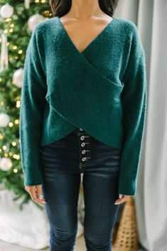 This sassy knit sweater is sure to have you feeling your best self! The crisscross front detail is so unique and fun! We think this sweater is going to look amazing with your favorite high waisted skinny, boyfriend or straight leg jeans! V-neckline Long sleeves Crisscross body Generous stretch Cindy is wearing the small. Emerald Green Sweater, Mint Julep Boutique, Your Best Self, Model Fits, Winter Colors, Green Sweater, Personal Marketing, Best Self, Emerald Green