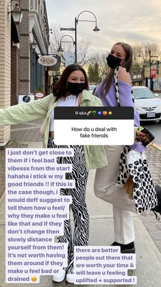 two women standing on the sidewalk wearing face masks