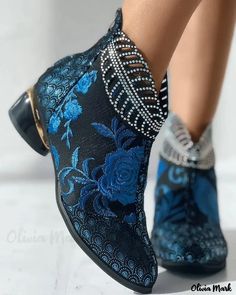 Olivia Mark - Flower Embroidered Rhinestone Leaf Pattern Ankle Boots Olivia Mark, Embroidered Flowers, Leaf Pattern, Ankle Boots, Boots, Flowers, Pattern