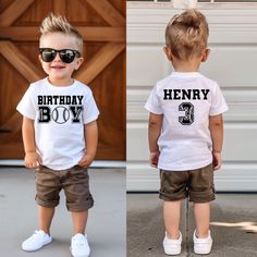 two photos of a toddler boy wearing sunglasses and t - shirt with the number 3 on it