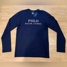 Polo Ralph Lauren Men’s Loungewear Long Sleeve Graphic T-Shirt Tee Blue Nwt M - L Classic Blue T-shirt With Logo Print, Cotton Long Sleeve Shirt With Logo Print, Navy Crew Neck Top With Letter Print, Casual Navy Shirt With Letter Print, Navy Cotton Shirt With Letter Print, Classic Blue Tops With Letter Print, Navy Logo Print Crew Neck Top, Navy Crew Neck Top With Logo Print, Classic Blue T-shirt With Letter Print