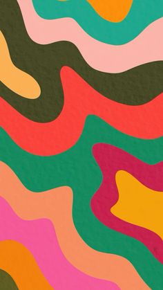 an abstract painting with wavy lines and colors in the background, including oranges, pinks, yellows, and green