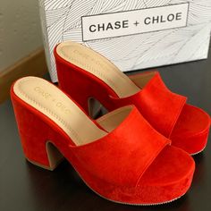 Platform Sandals By Chase + Chloe. Brand New With Box. Size Is 6. Faux Suede Material. Heel Is 4 Inches, Front Base Is 1.5 Inches. Please View All Pictures Thoroughly And Ask Me Any Questions. Chic Red Platform Sandals, Chic Wedge Sandals With Red Sole And Round Toe, Summer Suede Heels With Red Sole, Chic Red Wedge Sandals With Open Heel, Summer Red Sole Suede Heels, Suede Heels With Red Sole For Summer, Chic Red Open Heel Wedge Sandals, Red Wedge Sandals With Block Heel For Spring, Red Block Heel Wedge Sandals For Spring