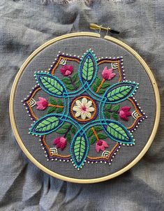 an embroidery project with flowers and leaves on grey fabric, ready to be sewn