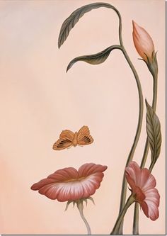 a painting of pink flowers and two butterflies on a light colored background, with green stems in the foreground