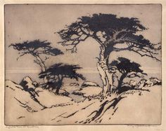 an ink drawing of two trees on a snowy hill with mountains in the background and snow - covered ground