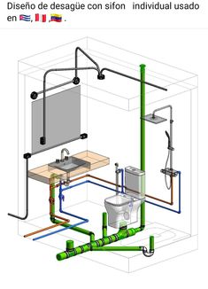 a drawing of a bathroom with pipes, sink and toilet in the middle of it