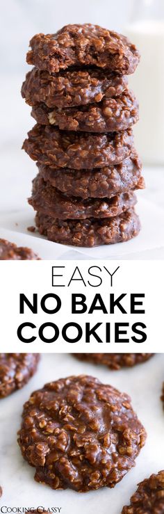 chocolate cookies stacked on top of each other with the words easy no bake cookies